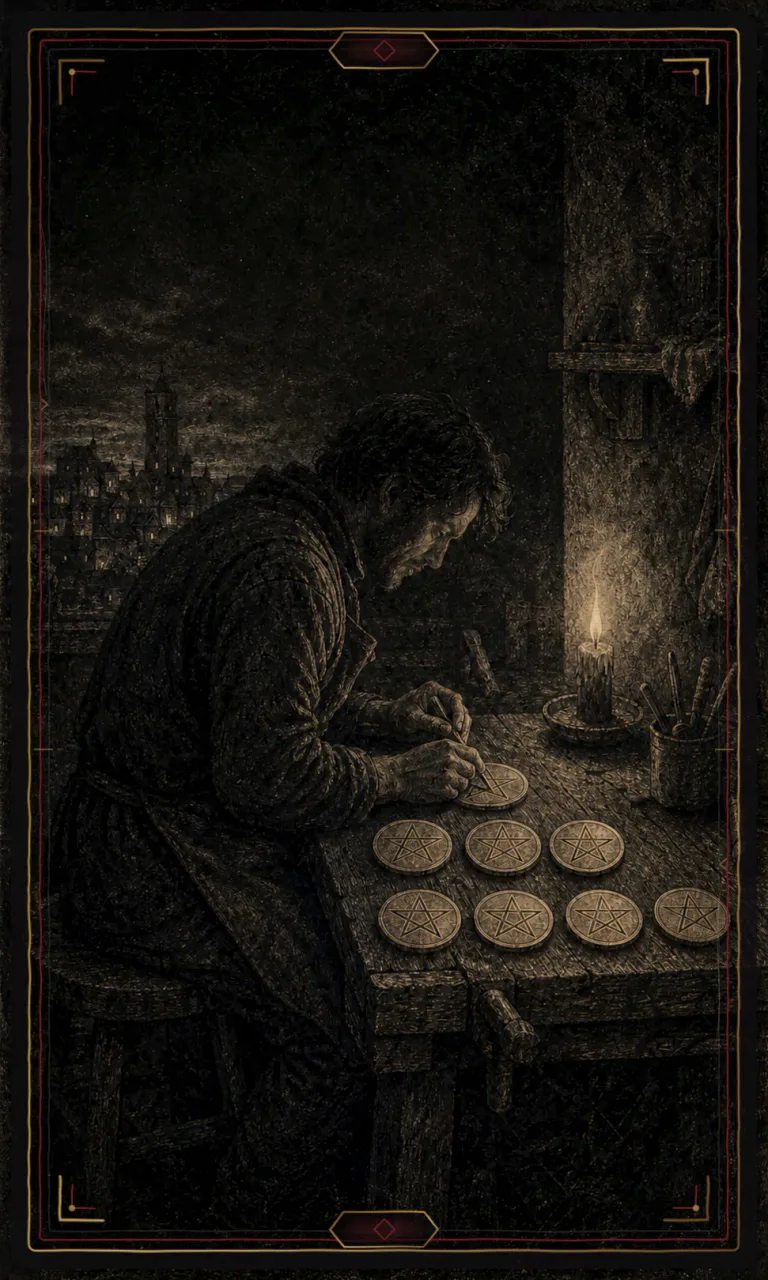Eight of Pentacles, from the Haunted Plate deck